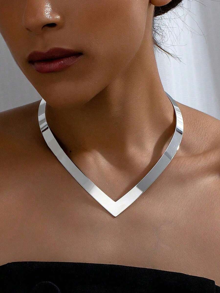 1 chiếc vòng cổ choker thời trang cao cấp cá tính, phong cách cổ điển, hình học bất đối xứng - Bạc - Xem 1
