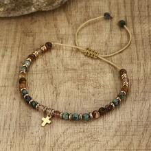 Boho Chic Adjustable Natural Gemstone Beaded Bracelet With Golden Cross Pendant - Colorful Stone Beads, Braided Cord, Vintage Style, Perfect Easter Gift For Women - Multicolor - View 3