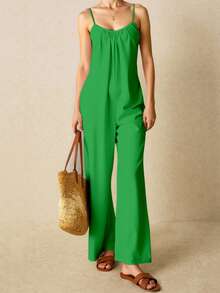 Mujer mono boho elegante liso detalle fruncido holgado escote redondo tirantes largos primavera verano fiesta playa pantalón - Verde Menta - Ver 2