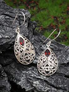 1 par de nuevos pendientes vintage con circonita roja tallada en forma de gota de agua y pera, accesorio de regalo de joyería