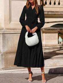 Womens Fall Maxi Dresses Casual Long Sleeve V Neck Button Down Flowy A Line Tiered Shirt Dress With Pockets - Black - View 2