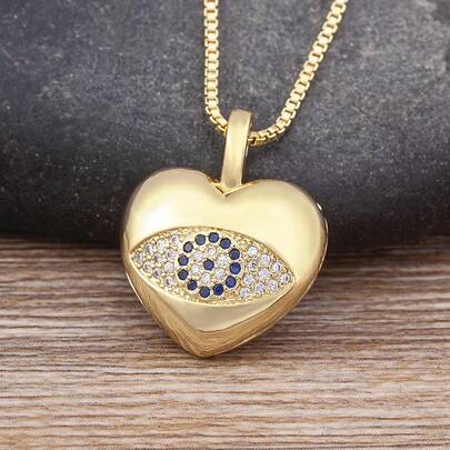 Collana con ciondolo a forma di cuore placcato oro con occhio del diavolo, gioiello in rame con micro intarsi di zirconia, adatto per donne, per uso quotidiano e regali per feste