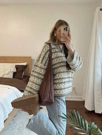 Vintage Stripe & Geo Pattern Sweater For Autumn & Winter