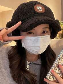 Classic Solid Color New Sherpa Baseball Cap With Ear Flaps For Women, Versatile Embroidered U Letter Fashion Snapback Hat, Polyester Fiber Embroidery Decor, Suitable For Autumn/Winter Street Party