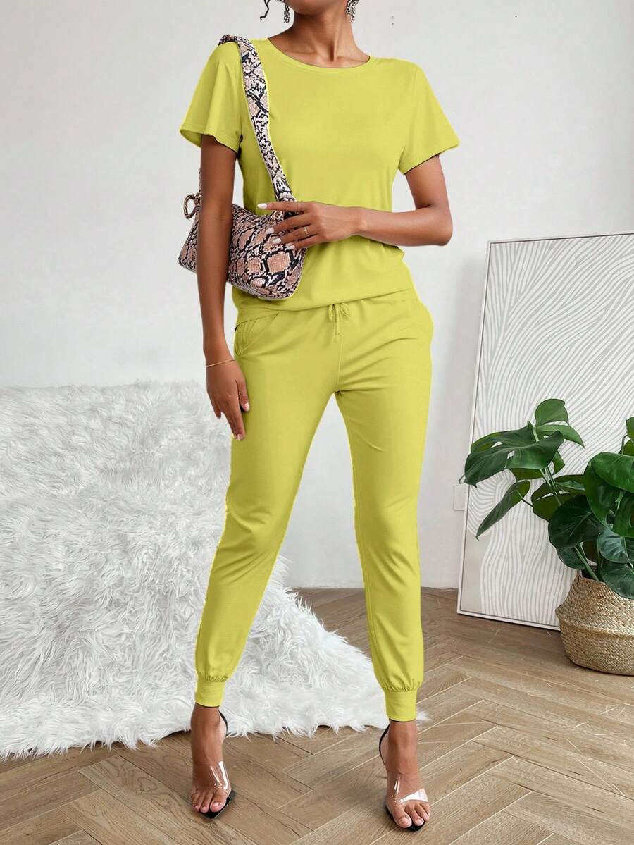 Mono mujer casual moderno color sólido diseño sencillo ajuste regular cuello redondo manga corta primavera verano uso diario jogger - Amarillo - Ver 1