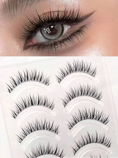 Asiteo 5 Pairs Cartoon Style False Eyelashes, Delicate & Soft, Natural Look, Transparent Stem, Suitable For Anime/Manga Makeup, Korean Style
