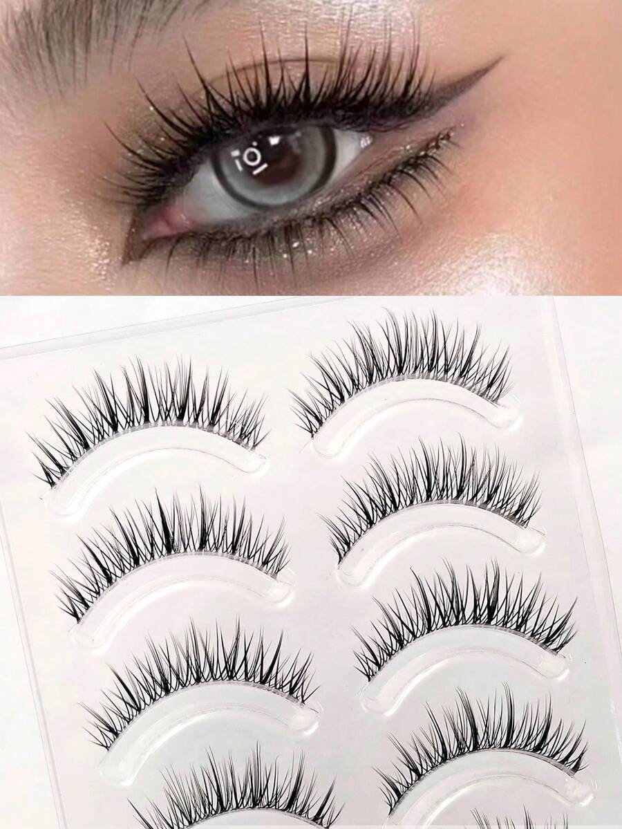 Asiteo 5 Pairs Cartoon Style False Eyelashes, Delicate & Soft, Natural Look, Transparent Stem, Suitable For Anime/Manga Makeup, Korean Style - 黑色 - 查看 1