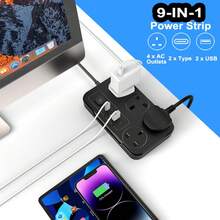 1 8-In-1 Power Board/Socket/Power Board, 1.8m Extension Power Cord, 4 AC Sockets, Maximum Power 3250W, 13A, 2 USB 2 Type-C, Suitable For Home, Office, Travel, Computer - 英規插(220-240V) - 查看 4