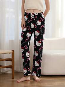 Sanrio 1 Peça Calça de Pijama Flanelada Térmica Fofa e Quente com Estampa Fofa da Hello Kitty para Mulheres, Confortável e Folgada, Adequada para Outono/Inverno
