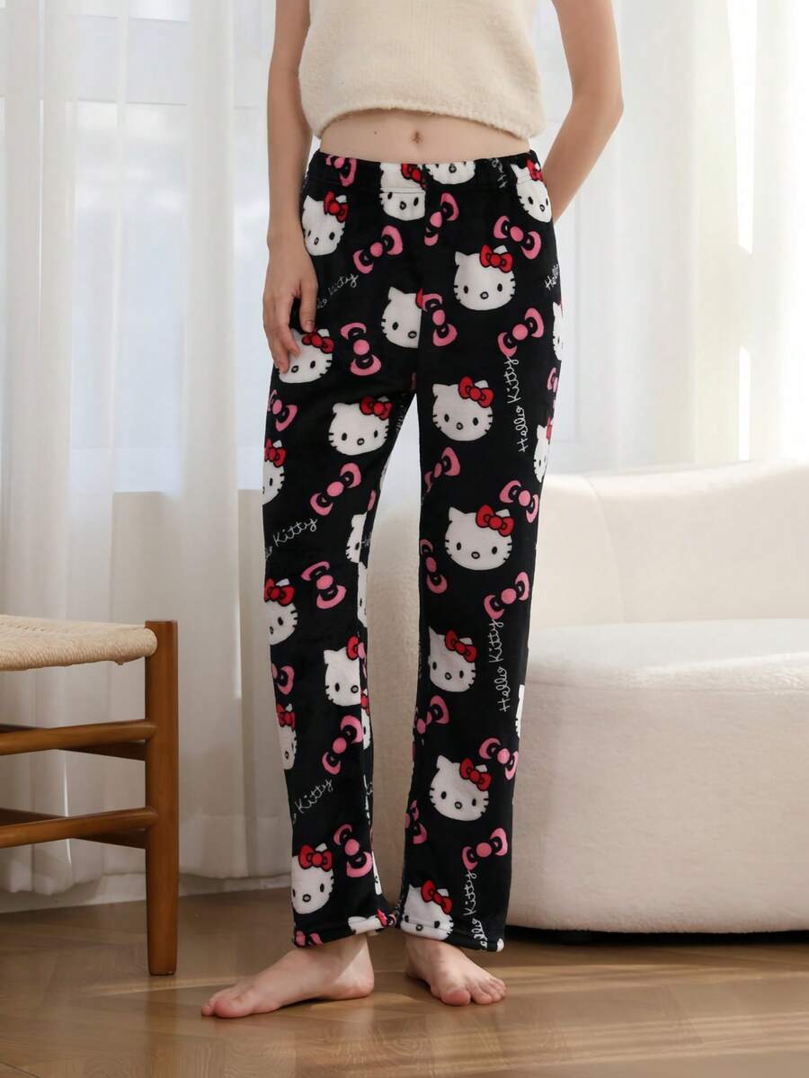 Sanrio 1 Peça Calça de Pijama Flanelada Térmica Fofa e Quente com Estampa Fofa da Hello Kitty para Mulheres, Confortável e Folgada, Adequada para Outono/Inverno
