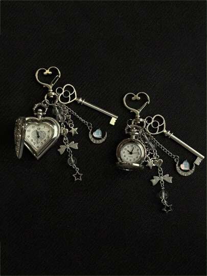 1Pc Original Hollowed Out Heart-Shaped Pocket Watch Chain Keychain Design, Steampunk Clock Retro Necklace Pendant, Jewelry Watch For Couples Hanging Accessories, Keychain, Heart Watch Keychain, Retro Pocket Watch Opening Star And Moon Necklace, Key Retro Couple Hanging Accessories, Car Keychain, Car Accessories, Women's Keychain, The Best Gift For Friends And Teachers Bag Charms Car Sister Gift Ideas