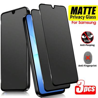 ZYONS 3 piezas Protector de pantalla de vidrio templado mate y privado, compatible con la serie Galaxy A17/A07/A56/A55/A54/A53/A52/A36/A35/A34/A33/A32/A26/A25/A24/A23/A22/A16/A15/A14/A13/A12/A06/A05/A04/A03/A02/S25/S24FE/S23/S22/M05/F05, antirreflejo, antiespionaje, cobertura completa, tacto suave, antihuellas, fácil instalación, antichoque, compañero de juegos, lubricación suave