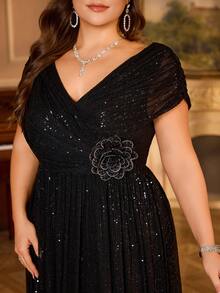 Plus V-Neck Batwing Sleeve Waist 3D Applique Flared Dress Glitter Sequin Elegant Party Evening Dress, Valentine's Day - Black - View 5