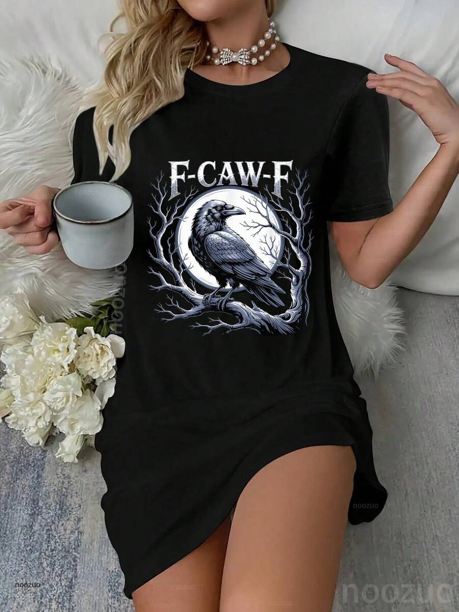 F-Caw-F Raven Moon Gothic Halloween, Black Crow Bird Lover Dress Pajamas Sleepdress Nightshirt - màu đen - Xem 1