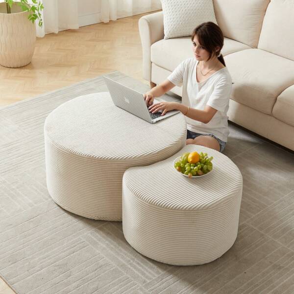Coffee Table Set, 2-Piece Cushioned Round Coffee Tables, Set Of 2 For Living Room, Modern Round Foam Coffee Table, Side Table, Ottoman, No Assembly Required