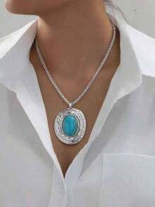 1 pieza Collar con colgante ovalado de metal con turquesa falsa