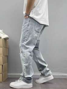 男士宽松破洞休闲牛仔裤 - 时尚宽松版型 - 淺色水洗藍 - 查看 5