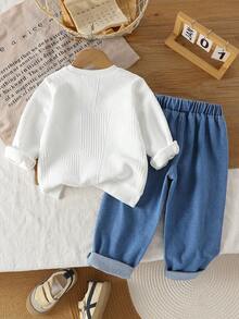 2 件套男童秋季运动衫套装，可爱熊图案圆领长袖上衣和蓝色牛仔长裤 - 白色 - 查看 8