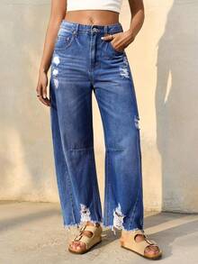 Women's Boyfriend Barrel Jeans Baggy Wide Leg Cropped Raw Hem Casual Denim Pants - 藍色 - 查看 1