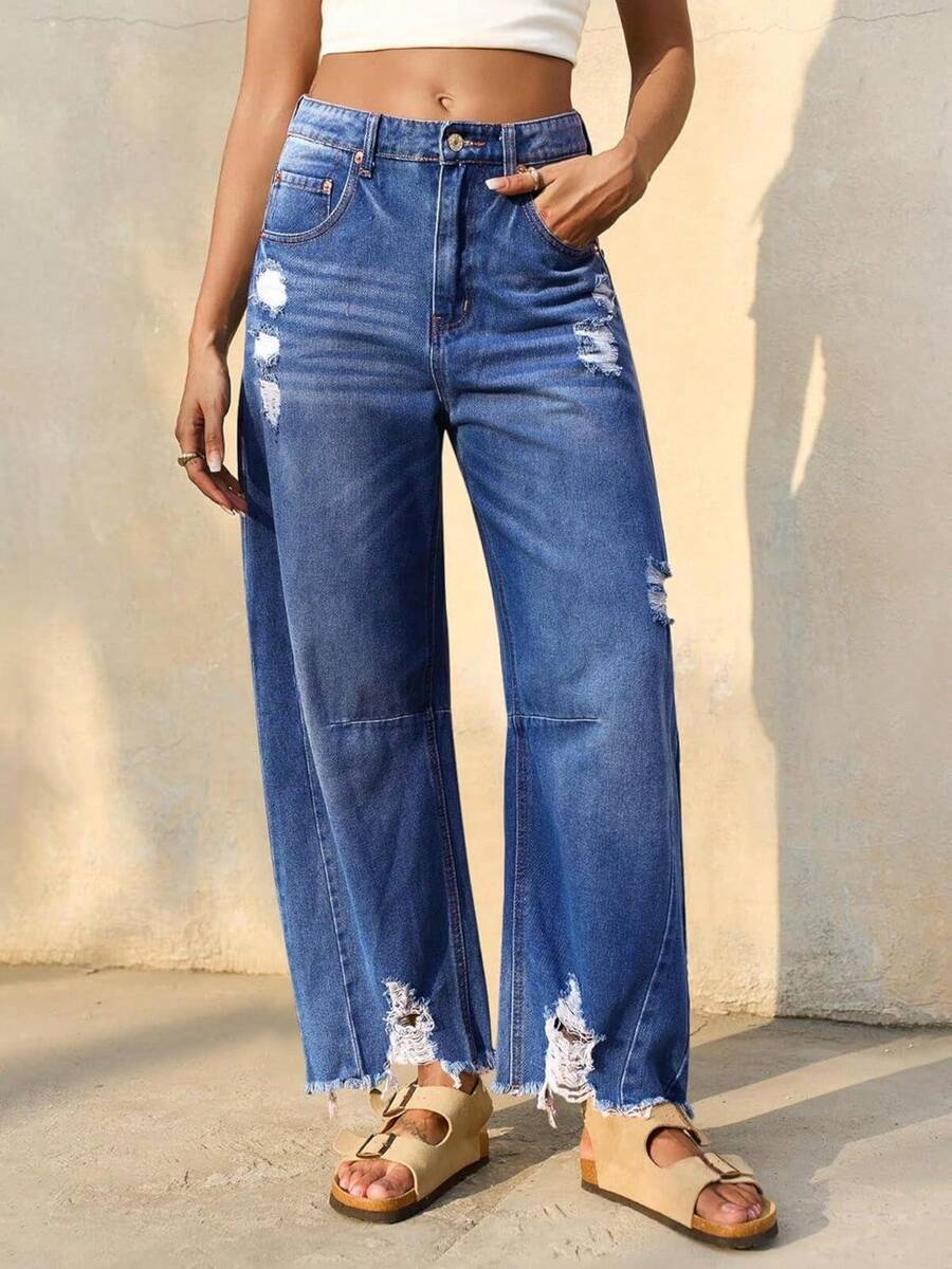 Women's Boyfriend Barrel Jeans Baggy Wide Leg Cropped Raw Hem Casual Denim Pants - 藍色 - 查看 1