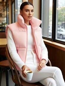 New Autumn Winter Slim Sleeveless Vest Jacket Women Down Cotton Vest Solid Color Casual Zipper Pocket Drawstring Design - 粉色 - 查看 3