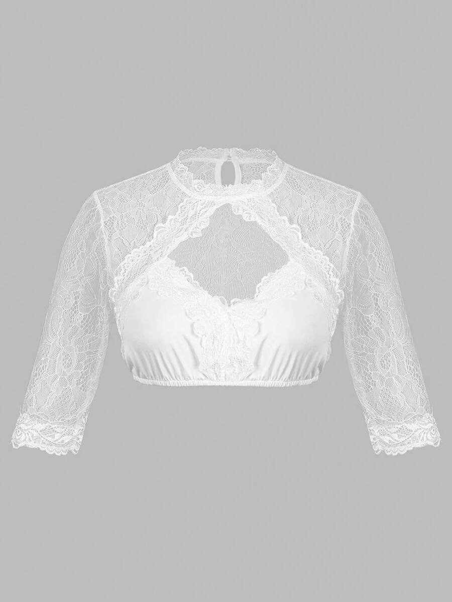 ii Blusa de mujer tipo dirndl de manga larga con encaje blanco, elegante top corto, disfraz tradicional de Oktoberfest, Halloween - Blanco - Ver 1