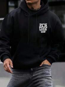 Sudadera con capucha de felpa francesa casual para hombres, impresión de letras, unisex, ajuste holgado, diseño de bolsillo, no elástica, adecuada para las temporadas de otoño e invierno - Negro - Ver 4