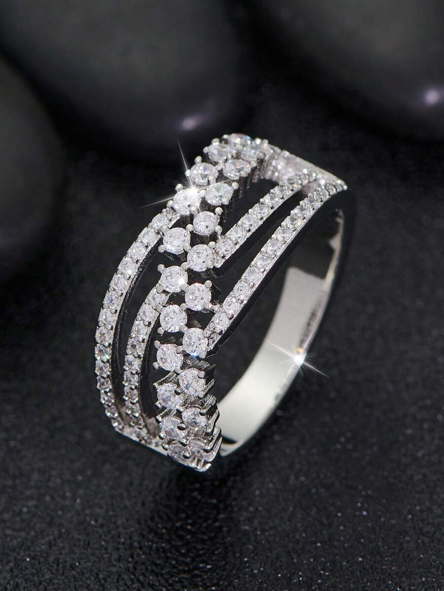 1pc Cross Design Square Zirconia Ring, Valentine's Day Gift For Women