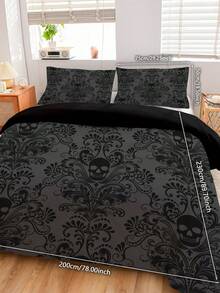 Juego de ropa de cama de 3 piezas con diseño de calavera, en estilo gótico barroco victoriano en negro y gris, 1 funda nórdica + 2 fundas de almohada, impresión de alta definición en tela de 100% poliéster, suave y cómodo, adecuado para dormitorio, dormitorio, camping, viaje - Multicolor - Ver 17