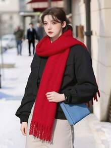 1 Piece Women Solid Color Women Scarf, Mohair Tassel Scarf, Winter Collegiate Style Warm Neck Scarf, Thick Knitted Tassel Shawl, Women Scarf In A Simple Style, Suitable For Outdoor Activities And Commuting. For Dress - Baby Pink - View 6