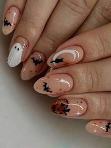 24 peças/Conjunto de Unhas Postiças com Formato de Amêndoa para Halloween, com Abóbora Brilhante 3D em Gel Gelatinoso e Lixa de Unhas, Adequado para Meninas e Mulheres para Uso Diário, Festival e Festa