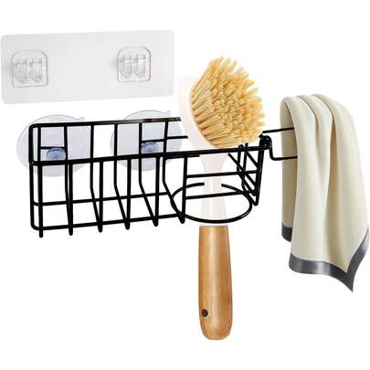 Sponge Holder With Dish Cloth Hanger Kitchen Sink, In-Sink Caddy Organizer With Suction Cups & Adhesive Strips, Rustproof Sponge Rack Soap, Brush, Scrubber - Black2687