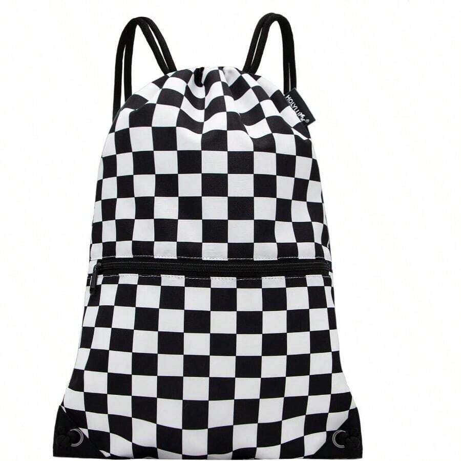 Drawstring Bag Sackpack - Black and White Grid - View 1