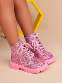 1 Đôi bốt thời trang thu đông cho trẻ em, bốt kiểu công chúa sáng bóng có khóa kéo bên hông, đa năng cho bé trai và bé gái, thích hợp cho du lịch, chụp ảnh, vui chơi ngoài trời - Hồng - Xem 2