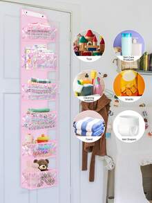 1pc Pink Hanging Storage Bag, 4-Tier Room Organizer Rack, Transparent Plastic Pockets On Back, Unique Bow Pattern Storage Rack, Suitable For Nursery, Dolls, High Capacity Storage, Applicable To Wardrobe, Bedroom, Bathroom, Office, Dorm And Other Necessities - Multicolor - View 7