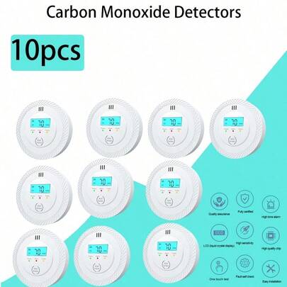 10 Pack - Carbon Monoxide Detector, 85 DB CO Alarm, AA Battery Powered With Data Display And Flashing Light, Easy To Mount For Rooms, Offices, Living Rooms, RVs