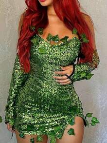 Women's Deluxe Ivy Themed Costume Sleeveless Fake Leaves Sequin Dress With Gloves Set For Halloween Cosplay Party