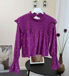 Hermiss camiseta blusa con volante y detalles fruncidos con goma y bolate , manga larga para mujer . talla única para una talla entre XS/S/M .  nueva colección de otoño invierno . entrega estimada 1-3dias laborable (península) - Morado Violeta - Ver 3