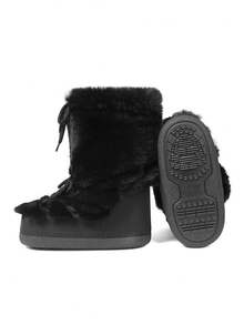 Faux Fur Snow Boots For Women Fuzzy Fluffy Furry Lace Up Mid Calf Boots Winter Warm Fur Boots For Christmas - màu đen - Xem 11