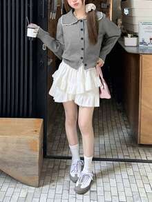 女士休闲翻领撞色短款针织开衫，带心形、蕾丝、蝴蝶结装饰，宽松长袖前开衫，秋冬