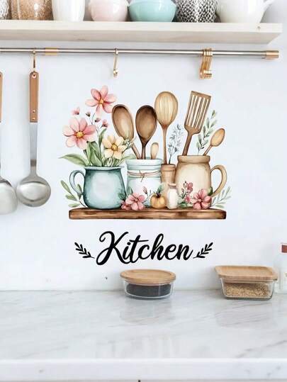 1 件彩色创意英文标语厨房用具图案自粘墙贴，防水贴花贴纸，PVC 贴纸，易于粘贴和移除，适用于家居装饰、浴室装饰、房间用品、客厅装饰、休闲室装饰和其他区域装饰墙面装饰