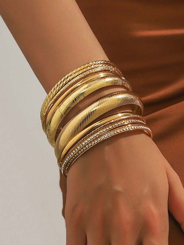 11pcs/Set Vintage Minimalist Stacked Bangle Bracelet Set, Fashion Mixed Chain Bracelet Combination, Suitable For Women's Daily Wear