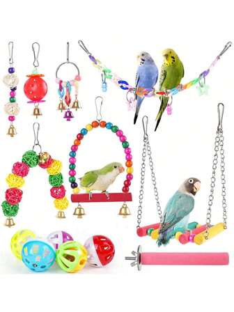 13Pcs/Set Random Color Parrot Toy, Bird Chewing Toy Include Bird Swing, Perch, Stand, Bell, Hanging Hammock, Bird Cage Toy Suitable For Parakeet