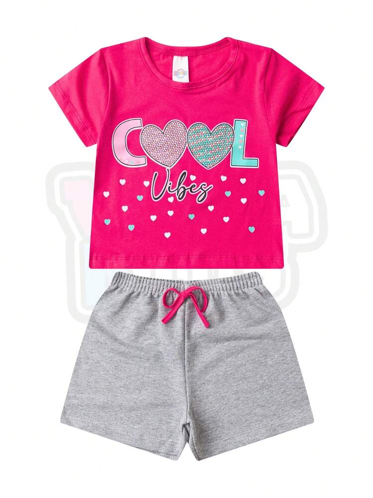 Kit 10 Peças Roupa Conjunto Infantil Menina Juvenil Feminino Verão Tamanho 1 ao 16 5 Camisetas/blusas Cropped + 5 Bermudas/Shorts Criança Pronta Entrega Feminina Estampas Divertidas com Brilho - Multicolorido - Visão 7