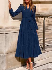 Womens Fall Maxi Dresses Casual Long Sleeve V Neck Button Down Flowy A Line Tiered Shirt Dress With Pockets - 藏蓝色 - 查看 3