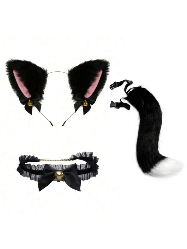 3pcs Imitation Cat Ear Hair Bands, Fox Tail Accessories, The Second Element, Animal Ears, Animal Tail Covers, Collars And Hair Clips, Suitable For Various Festival And Party Costume Props