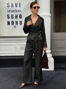 Doriss 2Pcs Cinching Waist Tie Front Denim-Inspired Long Sleeves Set, Fall & Winter, Fall Women Clothes, New Year, Business Casual Woman, Office Siren, Sexy Goddess - Black - View 7