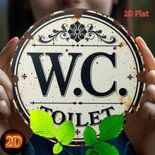 1 件 2D 平面复古圆形金属牌 - 2D 印刷，乡村风格卫生间（厕所）装饰牌，饰有精致花卉图案，适用于家居、咖啡馆、农舍、花园墙面装饰、花园标牌 | 复古风格标牌 | 做旧表面，复古装饰 - 彩色 - 查看 2