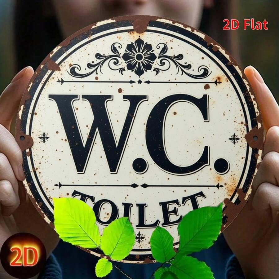 1 件 2D 平面复古圆形金属牌 - 2D 印刷，乡村风格卫生间（厕所）装饰牌，饰有精致花卉图案，适用于家居、咖啡馆、农舍、花园墙面装饰、花园标牌 | 复古风格标牌 | 做旧表面，复古装饰