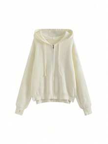 Áo len trùm đầu phong cách Hàn Quốc, áo khoác cardigan dệt kim rộng rãi có khóa kéo - Màu be - Xem 5